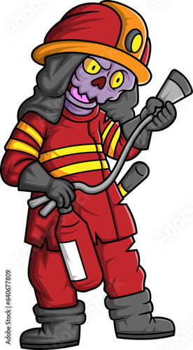 Spooky zombie firefighting cartoon character on white background