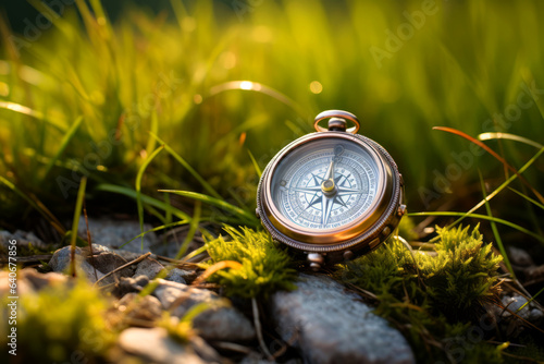 Compass laying on green grass in the mountains. Travelling by foot in summer season.