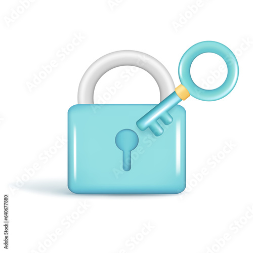 Realistic 3d blue glossy closed lock and key. Data protection, 3d locked padlock element, protected security symbol, safety sign, privacy concept. Vector illustration isolated on white background