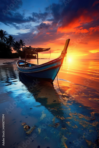 Beautiful Sunset Landscape with Boat