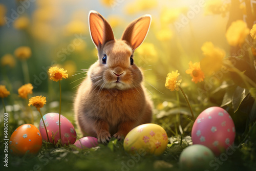 Fluffy cute Easter rabbit sitting among flowers and colourful Easter eggs.