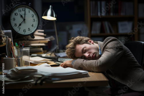 Exhausted office worker overwhelmed with computer job. Male employee suffer from headache from screen. Office clerk collapsing from overwork or stress. Burnout at work.