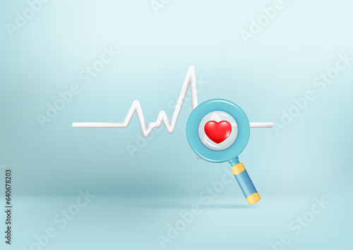 Realistic 3d red heart with white pulse line, heartbeat, magnifying glass. 3d cardiogram, cardio sign, diagnostic health, pulse beat measure, medical healthcare. Vector illustration on blue background