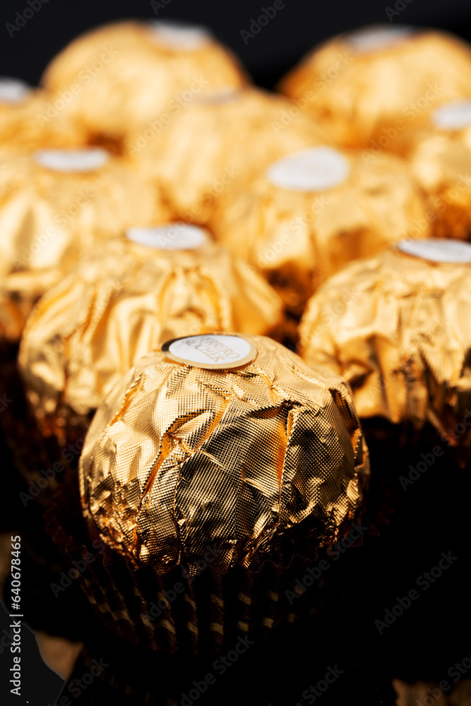 Dnipro. Ukraine 05.03.2023 Ferrero Rocher chocolate and hazelnut