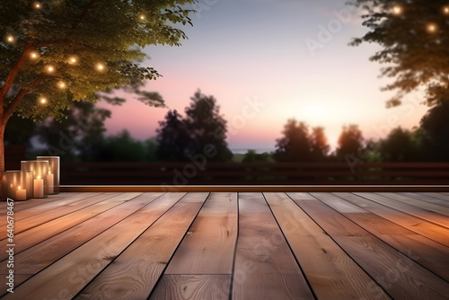 Wooden flooring and plant in garden with copy space for display of product.