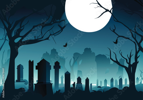  vector halloween background with old cemetery gravestones spooky leafless trees full moon on night sky