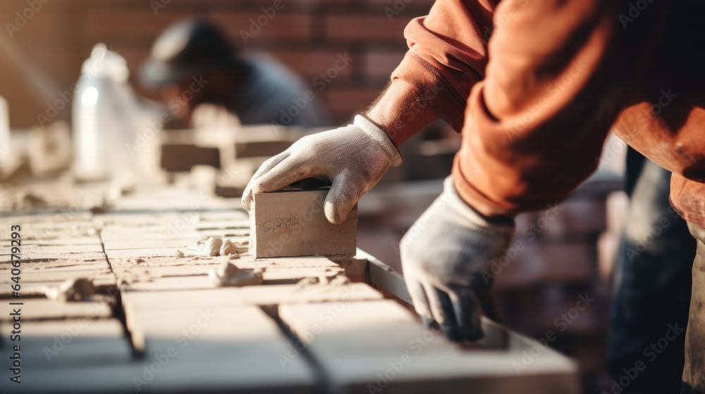 Closeup of bricklayer hands laying brick wall of house Closeup of bricklayer hands laying brick wall of house