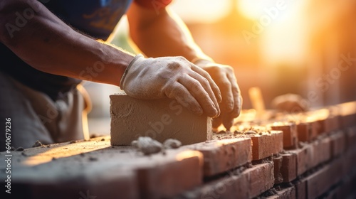 Fotografiet Closeup of bricklayer hands laying brick wall of house