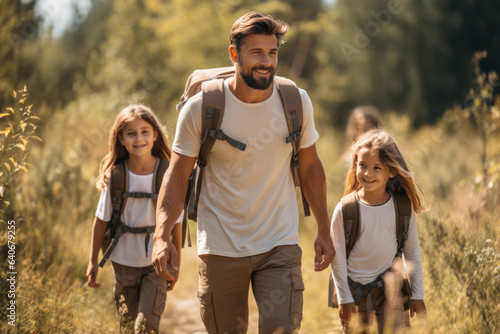Happy family with small kids enjoying a hike in a forest on sunny summer day. Active family leisure with children. Hiking and trekking on a nature trail.