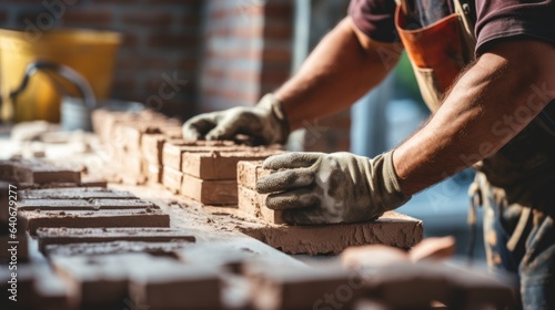Closeup of bricklayer hands laying brick wall of house © sirisakboakaew