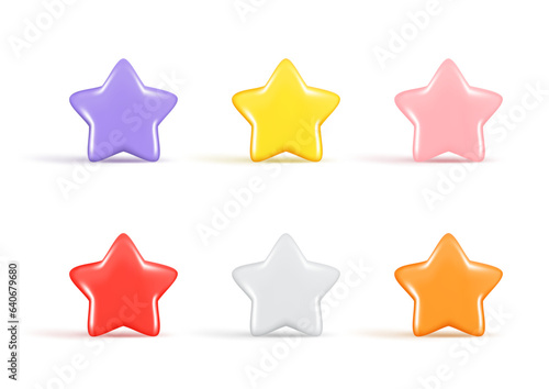 Set of realistic 3d colorful glossy stars. Decorative 3d design of winner emblem, icon symbol of victory, cute star icon, cartoon element. Abstract vector illustration isolated on a white background