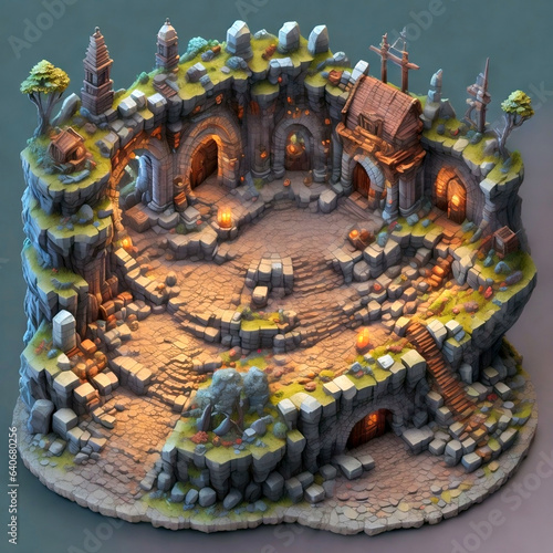 Isometric zoomed landscape and building structure concept arts for video games & animations