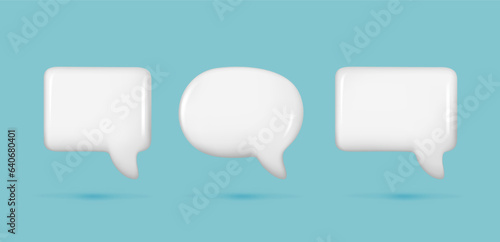 Set of realistic 3d white glossy speech bubble text, message box, chatting box. Cartoon 3d element, chat dialogue icon, empty speak bubble symbol. Abstract vector illustration on blue background