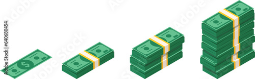 Set of stacks of paper money in isometric style on a transparent background