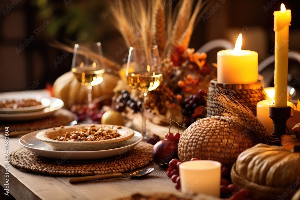 Rustic table setting ready for a Thanksgiving feast with autumn decorations - Grateful Gathering - AI Generated