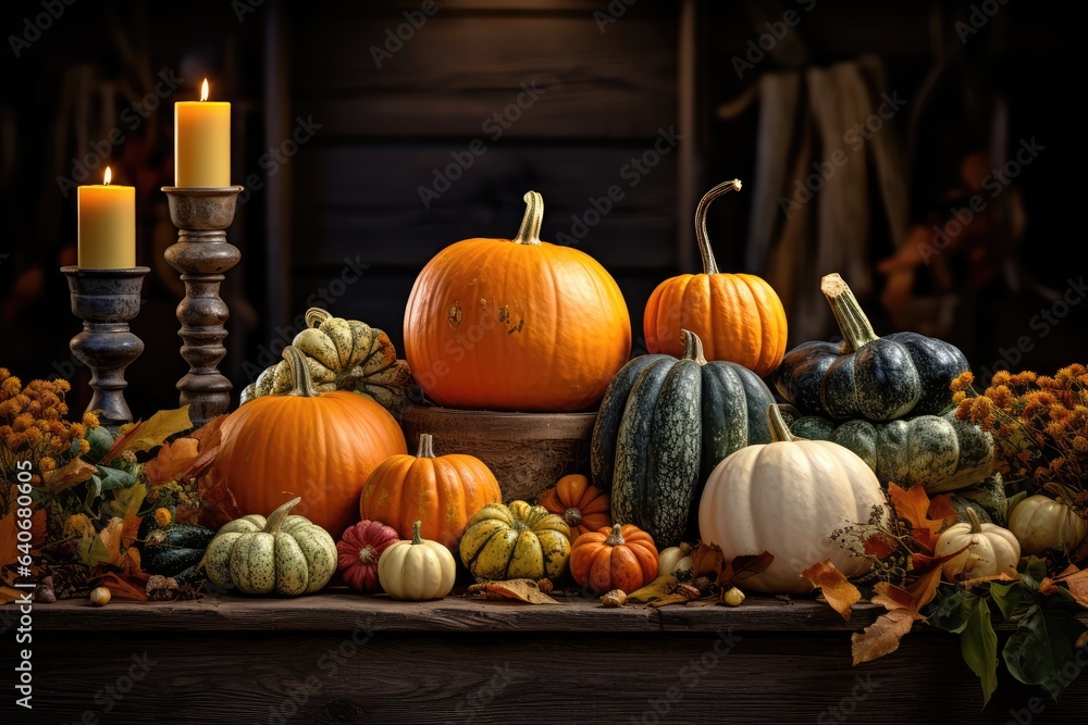 Pumpkins, candles, and autumn leaves elegantly arranged on a rustic table - Fall Still Life - AI Generated Pumpkins, candles, and autumn leaves elegantly arranged on a rustic table - Fall Still Life - AI Generated