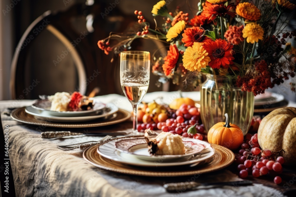Rustic table setting ready for a Thanksgiving feast with autumn decorations - Grateful Gathering - AI Generated Rustic table setting ready for a Thanksgiving feast with autumn decorations - Grateful Gathering - AI Generated