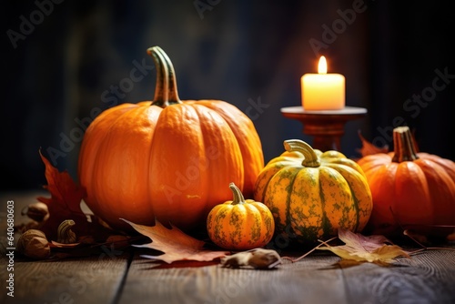 Pumpkins, candles, and autumn leaves elegantly arranged on a rustic table - Fall Still Life - AI Generated