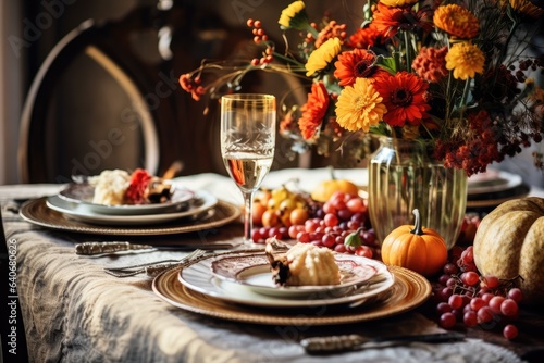 Rustic table setting ready for a Thanksgiving feast with autumn decorations - Grateful Gathering - AI Generated