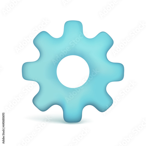 Realistic 3d blue glossy settings icon. Cartoon 3d cogwheel gear, optimizing business concept, repair symbol, technical service or support icon. Vector illustration isolated on white background