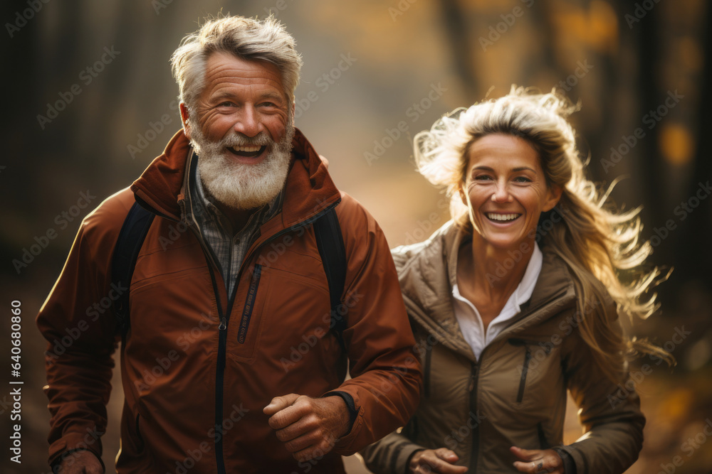 Fototapeta premium Beautiful cheerful mature couple running in the woods in autumn. Beautiful sunset in fall forest. Spending quality time together, active leisure.