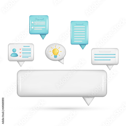 Realistic 3d speech bubble text, message button, chatting box with light bulb, user icon, talk icons with notification. Glossy 3d chat dialogue. Vector illustration isolated on white background