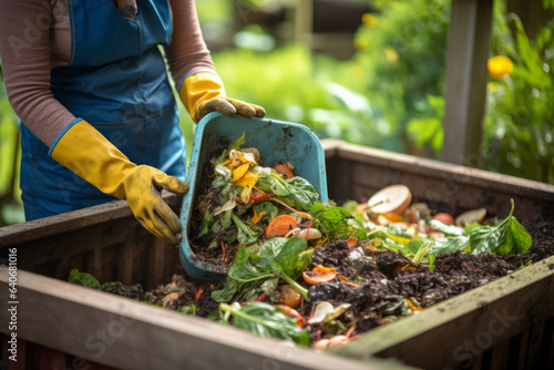 Person wearing gloves throwing food and yard scraps into a residential compost bin. Decomposing organic matter rich in nutrients and beneficial organisms.