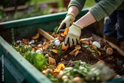 Person wearing gloves throwing food and yard scraps into a residential compost bin. Decomposing organic matter rich in nutrients and beneficial organisms.