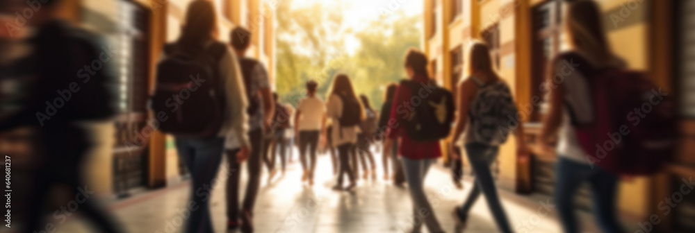 Blurred group of students and pupils quickly go to class