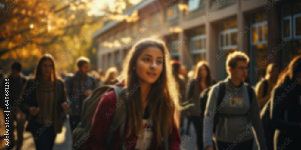 Blurred group of students and pupils quickly go to class Blurred group of students and pupils quickly go to class