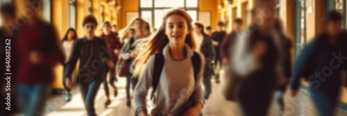 Blurred group of students and pupils quickly go to class © Dinara