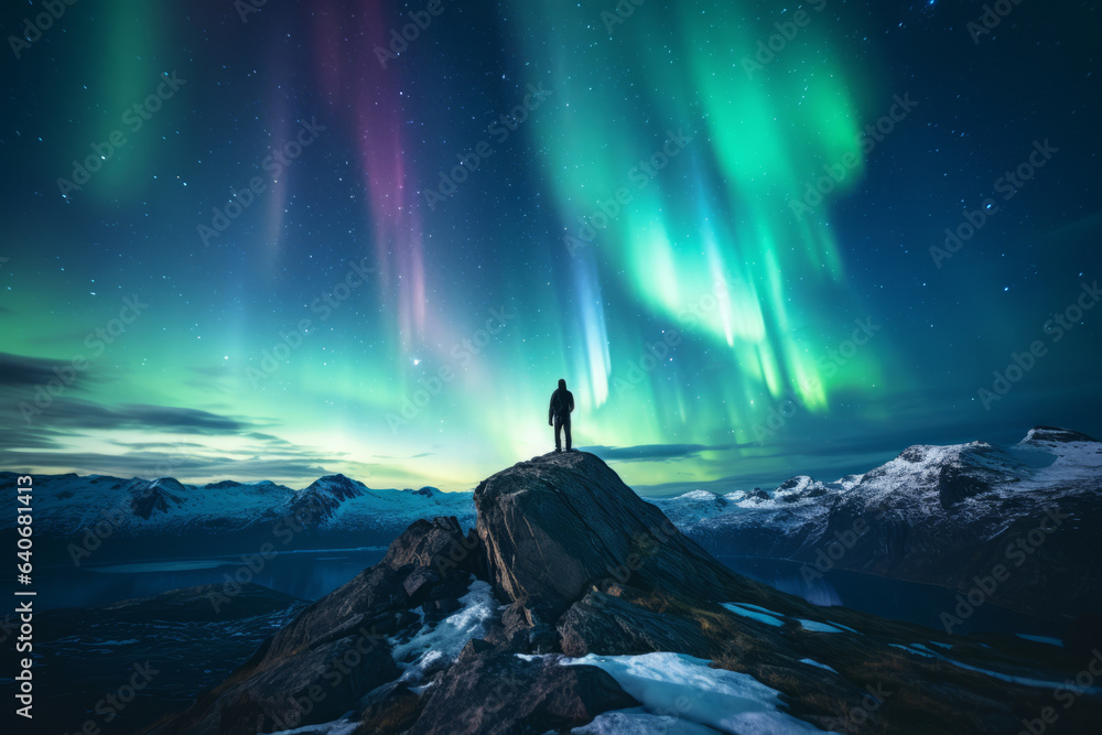 Silhouette of a man standing on the top of a mountain admiring the view of aurora borealis. Sky with stars and green polar lights. Northern lights.