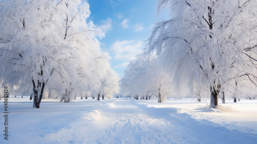 Beautiful winter landscape with snowy trees in the park