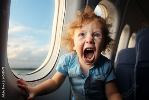 Leinwand Poster Toodler boy having a temper tantrum while sitting by airplane window