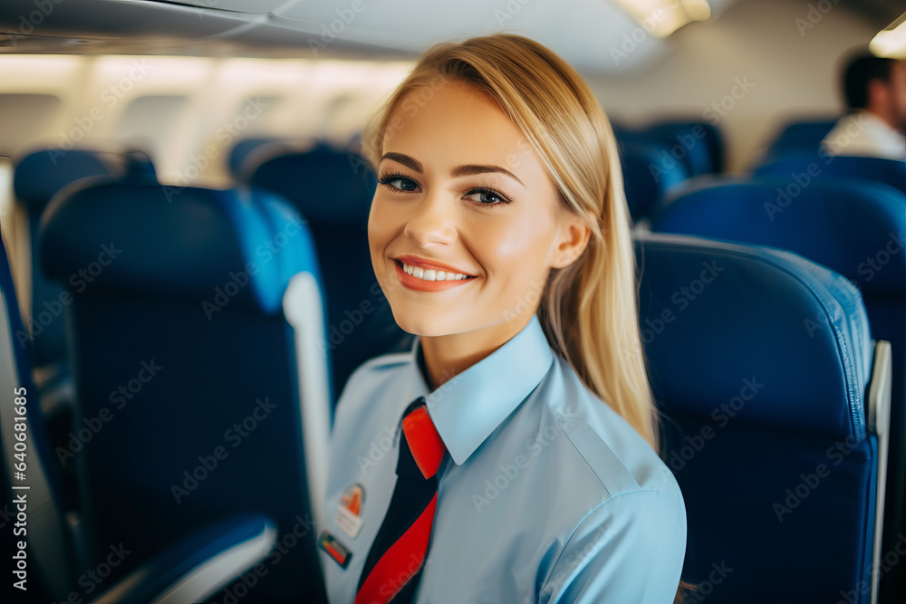 Beautiful female flight attendant standing in aircraft passenger salon ...