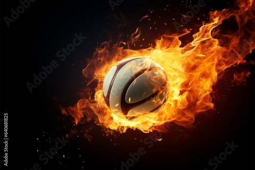 Fiery volleyball takes center stage against a dramatic black backdrop