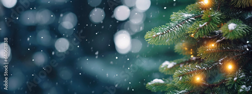 Christmas banner. Green pine tree branches with golden garland lights on blurred falling snow background