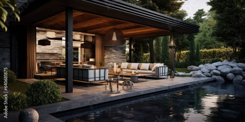 a modern patio design with a built in furniture, generative AI