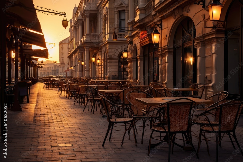 A row of empty tables and chairs on a sidewalk at sunset.