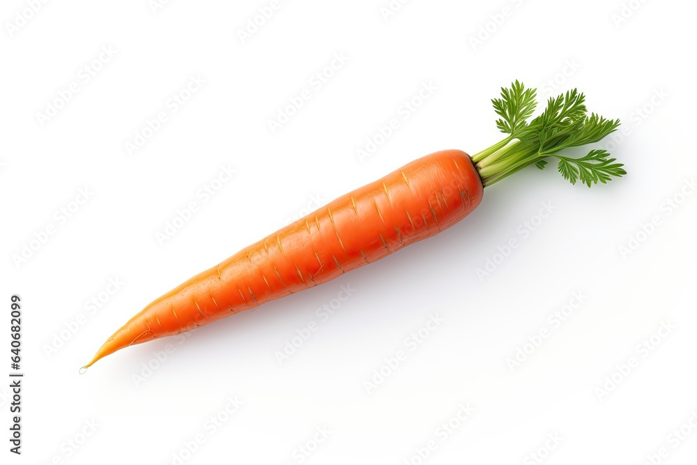 Single carrot on a white surface with green leaves. Single carrot on a white surface with green leaves.