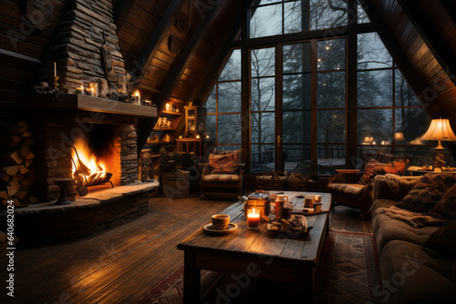 Cozy dark rustic living room with big floor to ceiling windows and a fireplace, decorated for Christmas.