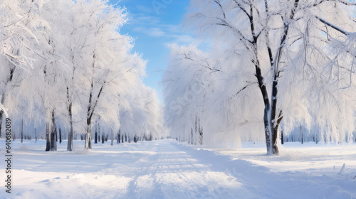 Beautiful winter landscape with snowy trees in the park © Veniamin Kraskov