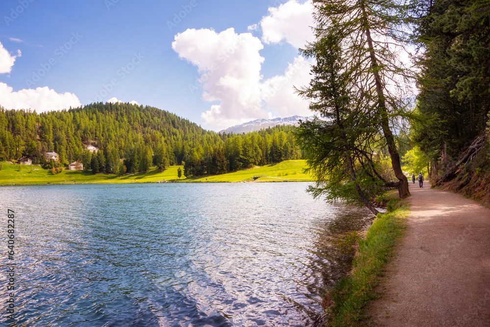 Fototapeta premium Walking path at Saint Moritz lake, Switzerland in summer