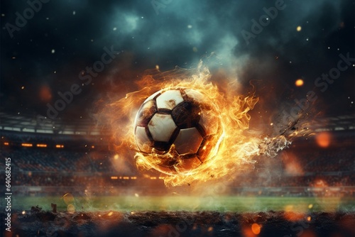 Intense stadium action, Fiery soccer ball kicked with immense power © Jawed Gfx