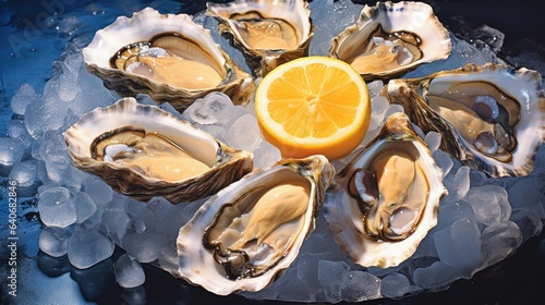 Platter of Fresh Oysters on Crushed Ice with Lemon