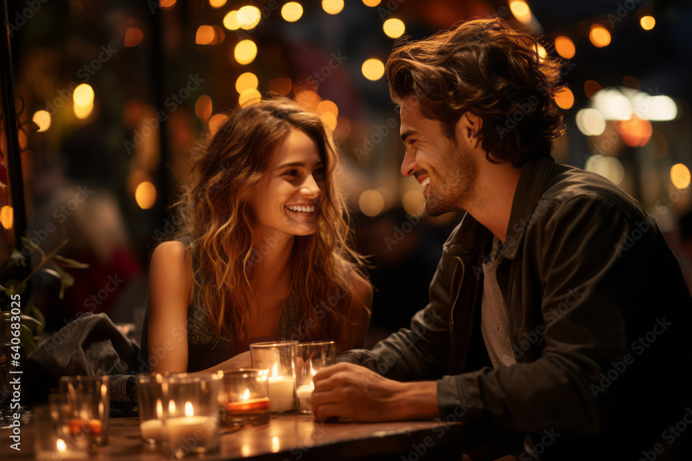 Cheerful young couple having a date at outdoor restaurant in summer night. Young people having a get together outdoors.