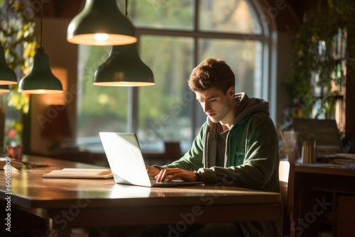 Young handsome student using his laptop computer in college library.