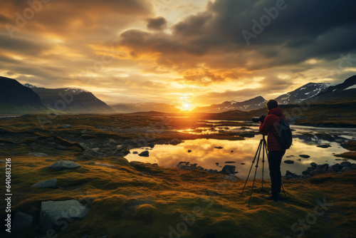 Photographer taking a photo of landcape on scenic sunset. Adventurous young man with backpack. Hiking and trekking on a nature trail. Traveling by foot. © MNStudio