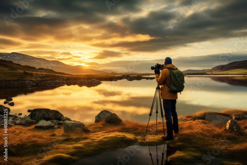 Photographer taking a photo of landcape on scenic sunset. Adventurous young man with backpack. Hiking and trekking on a nature trail. Traveling by foot. photo