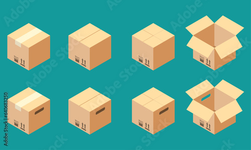 Isometric cardboard boxes. Packaging and shipping vector illustration